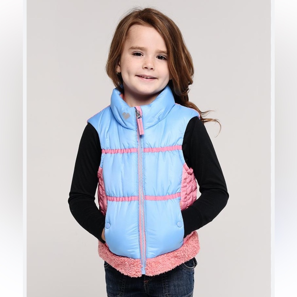 Obermeyer girls retro inspired winter puffer vest pink and blue size 3T EUC!